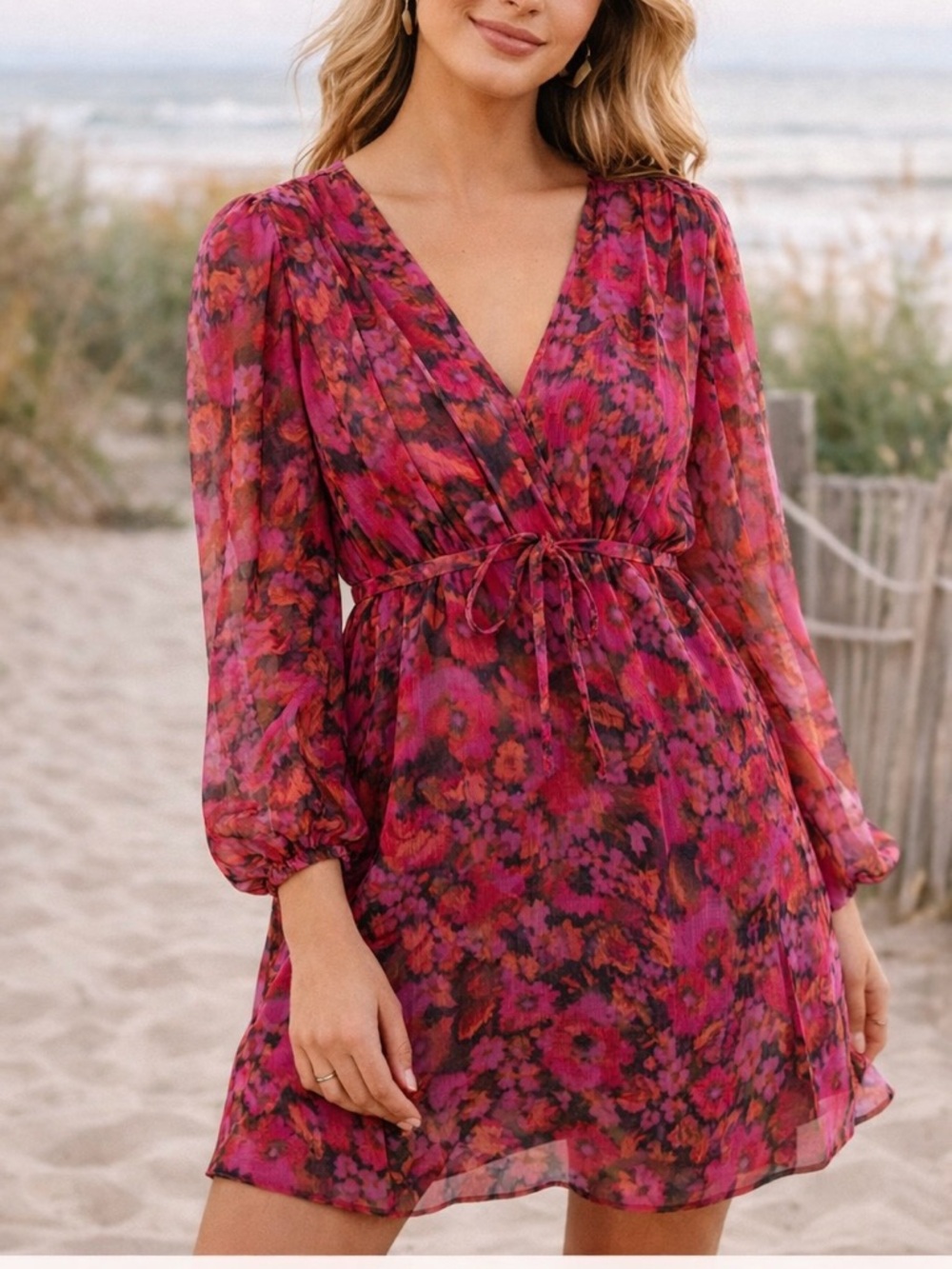 Steve Madden Floral Tie Waist Dress Large Pink Long Sleeve Romantic